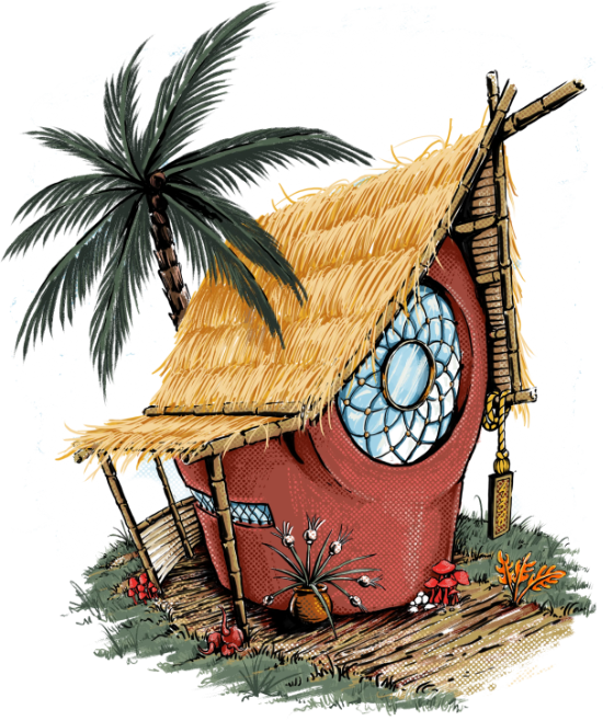 Ilustración de casa ecológica en paisaje natural de Oaxaca